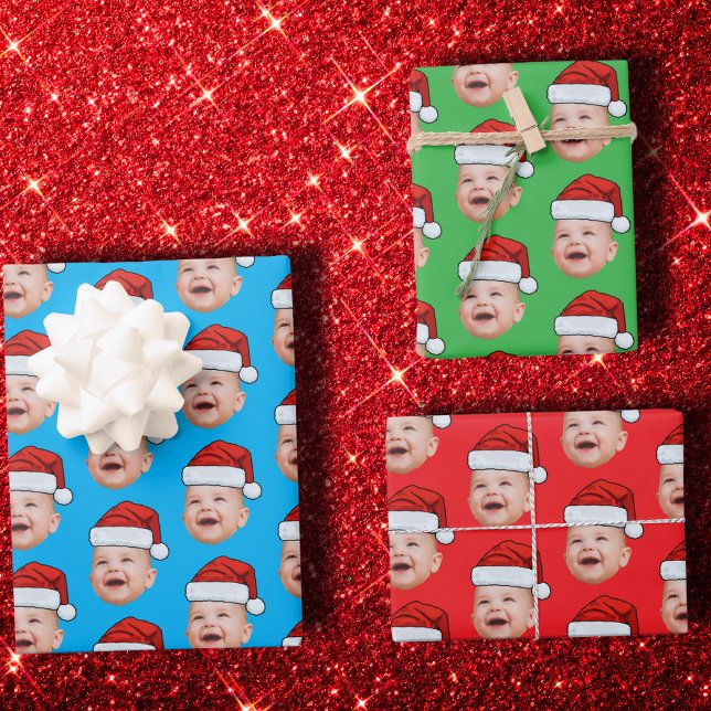 Custom Face Photo Santa Hat Christmas Wrapping Paper Sheets (Creator Uploaded)