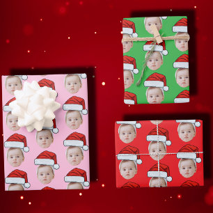 Custom Face Photo Santa Hat Christmas Wrapping Paper Sheets