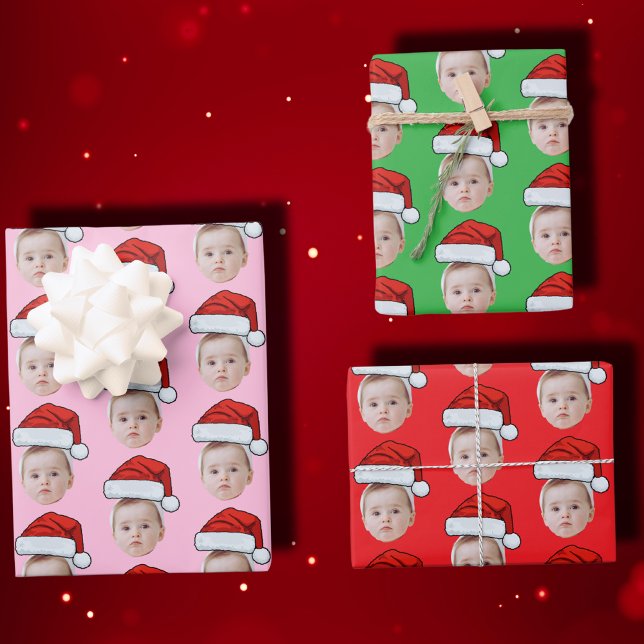 Custom Face Photo Santa Hat Christmas Wrapping Paper Sheets (Creator Uploaded)
