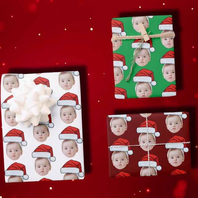 Custom Face Photo Santa Hat Christmas Wrapping Paper Sheets (Creator Uploaded)
