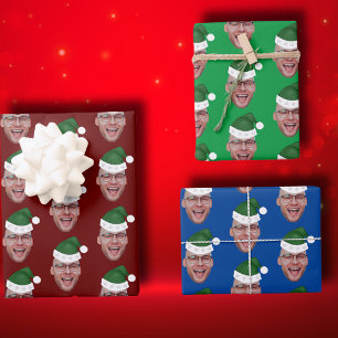 Custom Face Photo Santa Hat Repeating Pattern Wrapping Paper Sheets
