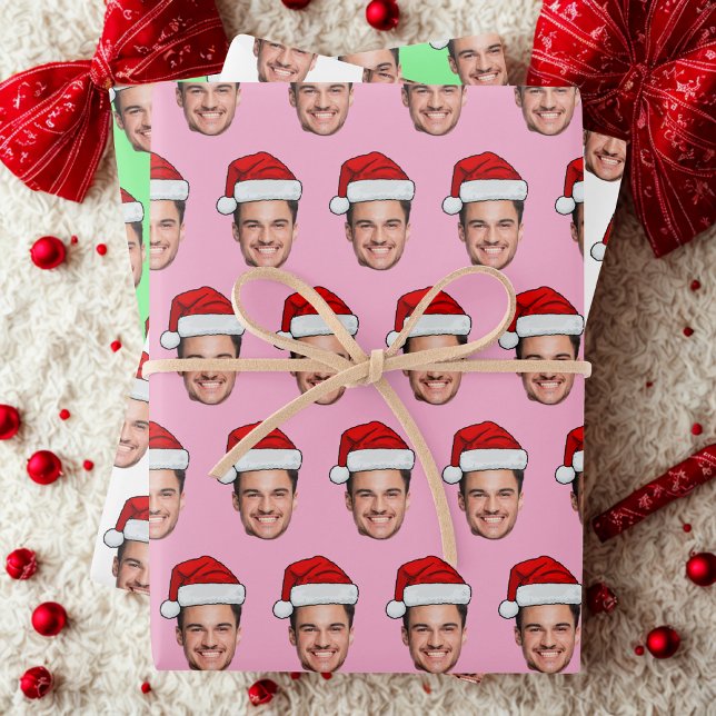 Custom Face Photo Santa Hat Unique Gift Pink Wrapping Paper Sheets (Creator Uploaded)