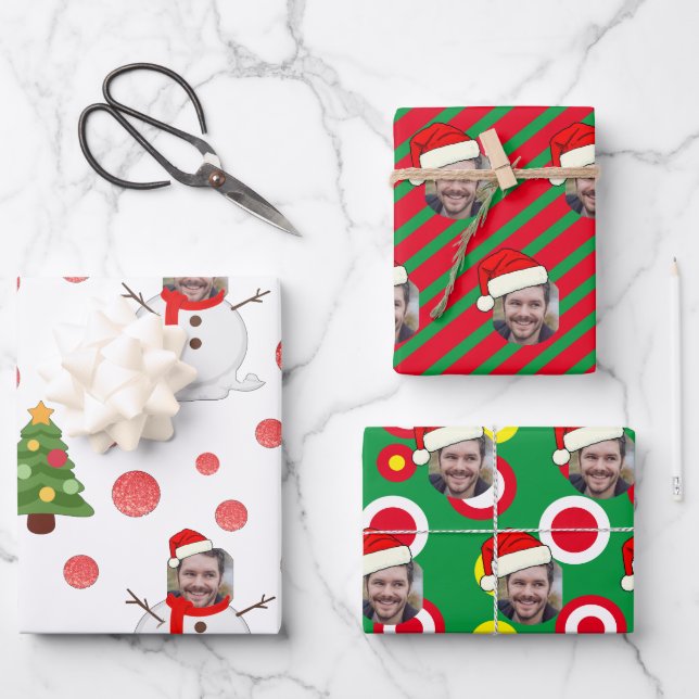 Custom Face Photo Snowman Wrapping Paper Sheets (Front)