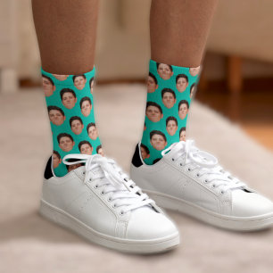 Custom Face Photo Turquoise Blue Crew Socks