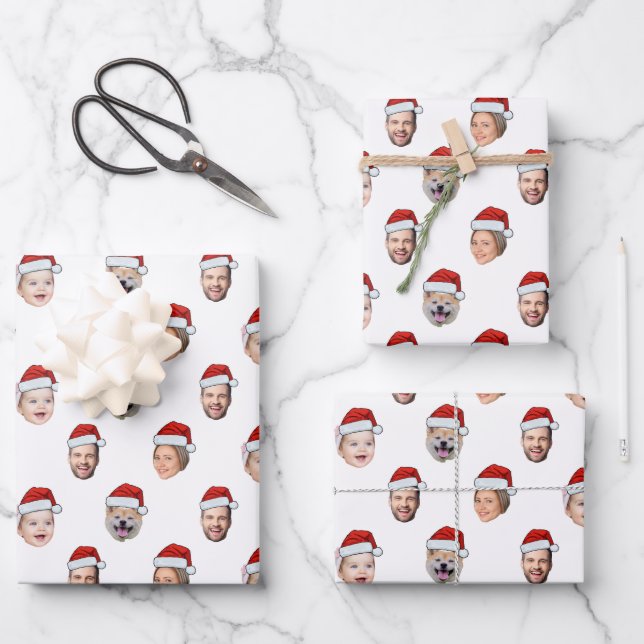 Custom Face Santa Hat Family 4 Photos Christmas Wrapping Paper Sheets (Front)