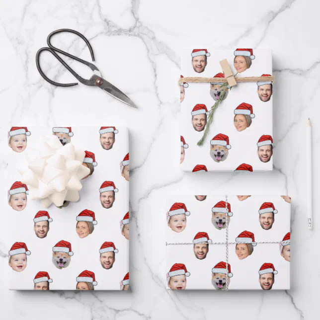 Custom Face Santa Hat Family 4 Photos Christmas Wrapping Paper Sheets ...