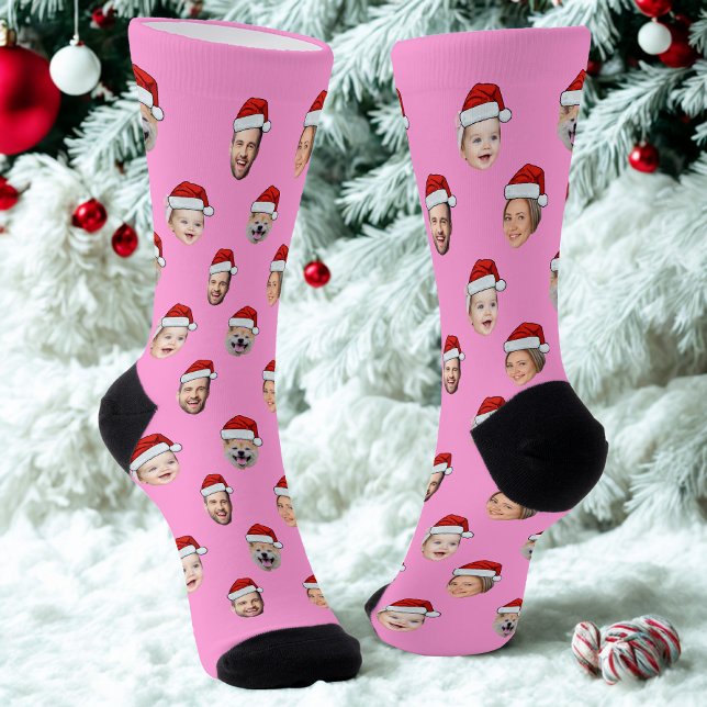 Custom Face Santa Hat Pink Socks, 4 Photos Pink Socks (Creator Uploaded)