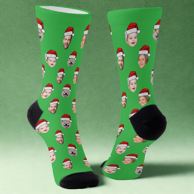 Custom Face Santa Hat Socks, 4 Photos Xmas Green Socks (Creator Uploaded)