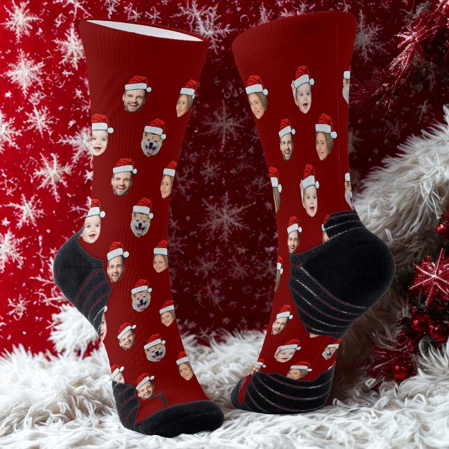 Custom Face Socks, Santa Hat Family 4 Faces Red  Socks (Creator Uploaded)