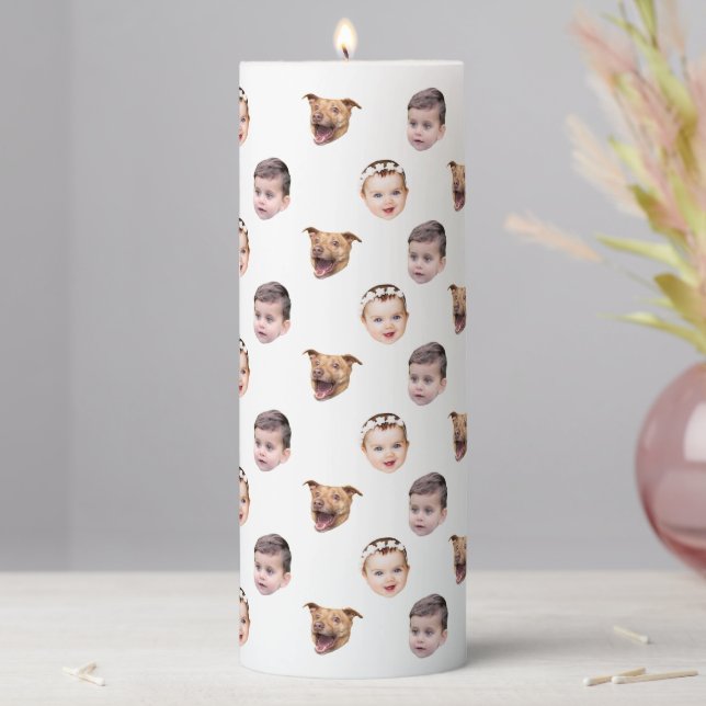 Custom Face, Unique Family Gift 3 Photos Face Pillar Candle (In Situ)