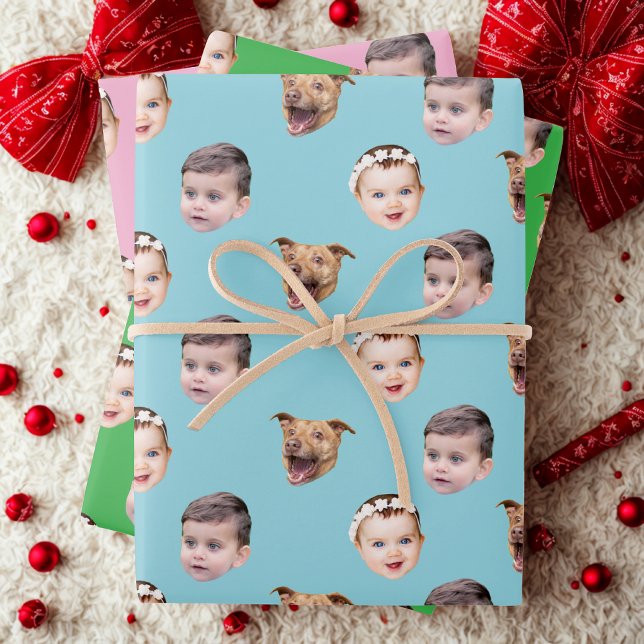 Custom Face, Unique Family Gift 3 Photos Face Wrapping Paper Sheets (Creator Uploaded)
