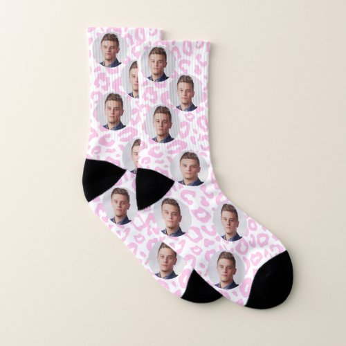 Custom Faces Leopard Print Pink Valentines Day Socks