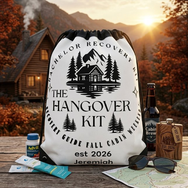 Custom Fall Cabin Bachelor Party Hangover Kit Drawstring Bag (Creator Uploaded)