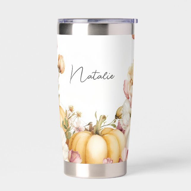 custom fall design with flowers and pumpkins insulated tumbler (Left)