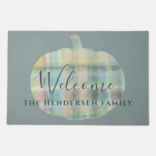 Custom Fall Family Name Welcome Plaid Pumpkin Sage Doormat
