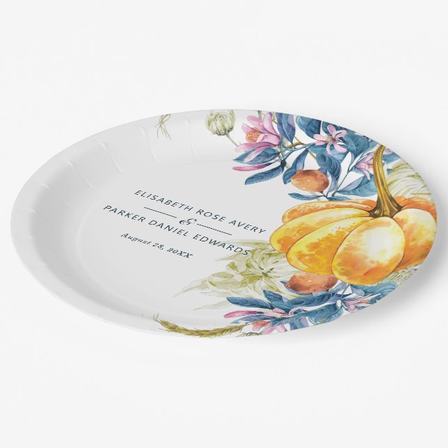 Custom Fall Floral Pumpkin Wedding Paper Plates (Angled)