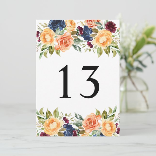 Custom Fall Floral Wedding Table Number Cards (Standing Front)
