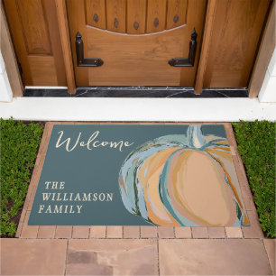 Custom Fall Halloween Welcome Pumpkin Blue Orange Doormat