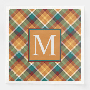Custom Fall Pumpkin Orange Leaves Green Plaid Paper Dinner Napkins