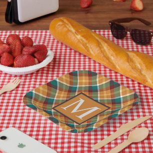 Custom Fall Pumpkin Orange Leaves Green Plaid Paper Plates