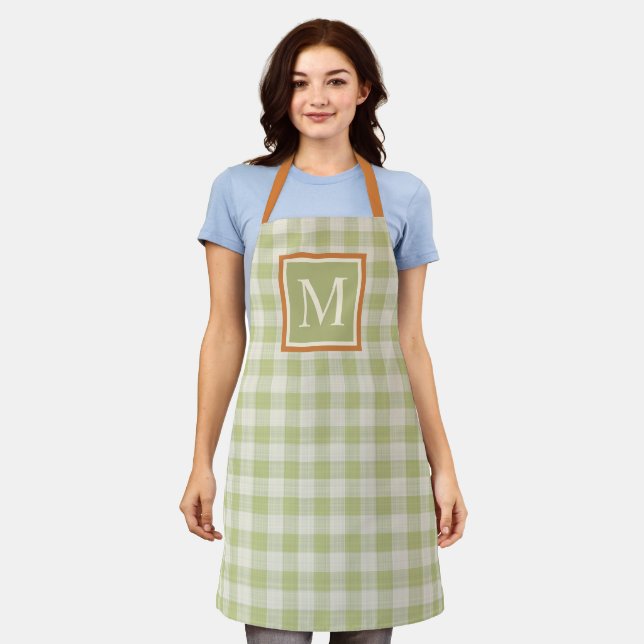 Custom Fall Pumpkin Orange Sage Green Gingham Apron (Worn)