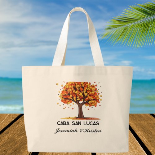 Custom fall Tree Wedding Welcome destination  Large Tote Bag