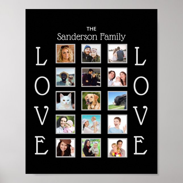 Custom Family 15 Photo Collage Love Black Poster (Front)