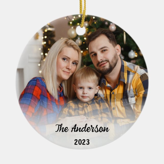 Custom Family 2 Photo & Name Christmas 2023 Gift Ceramic Ornament (Front)
