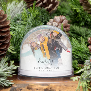 Custom Family 2 Photos Overlay Names Date Snow Globe