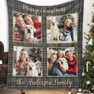 Custom Family 4 Photo Collage Winter Gray Plaid  Fleece Blanket