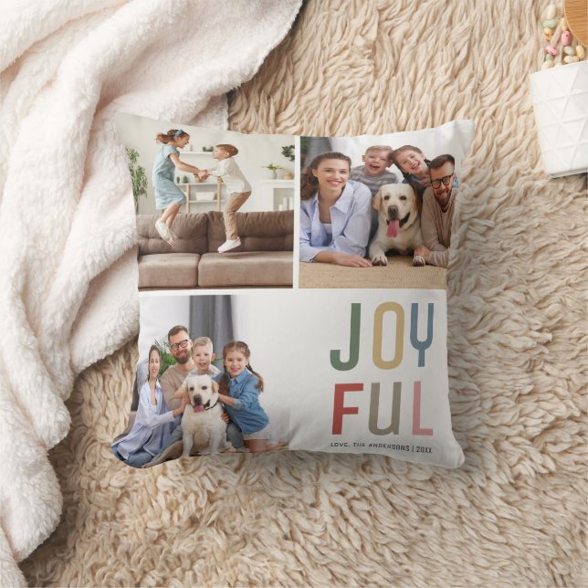 Custom Family 4 Photos Joyful Christmas Throw Pillow (Blanket)