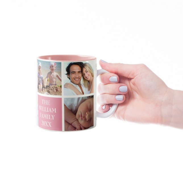 Custom Family 6 Photo Collage Desert Rose Pink Two-Tone Coffee Mug (Creator Uploaded)