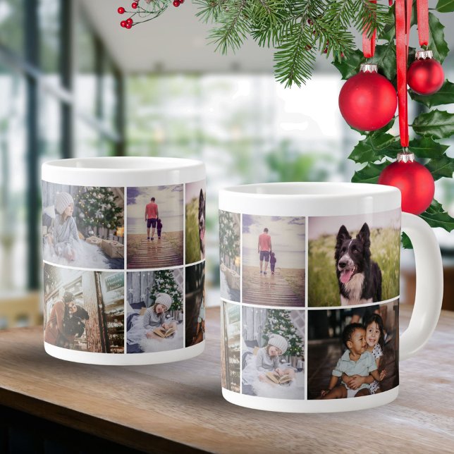 Custom Family 8 Photo Collage Holiday Keepsake Giant Coffee Mug (Creator Uploaded)