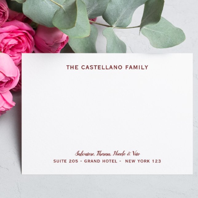 Custom Family Address Cursive Names Dark Red Note Card (Creator Uploaded)