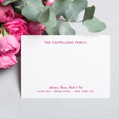 Custom Family Address Cursive Names HOT PINK Note Card