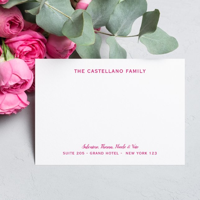 Custom Family Address Cursive Names HOT PINK Note Card (Creator Uploaded)