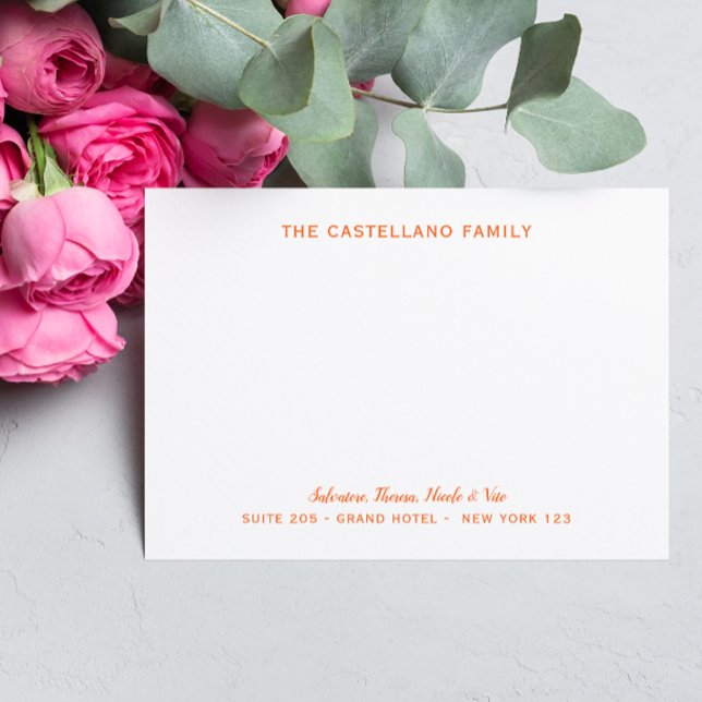 Custom Family Address Cursive Names ORANGE Note Card (Creator Uploaded)