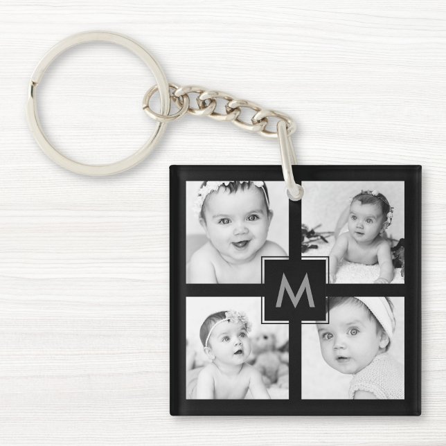 Custom Family Baby Photo Collage Initial Black Keychain (Creator Uploaded)