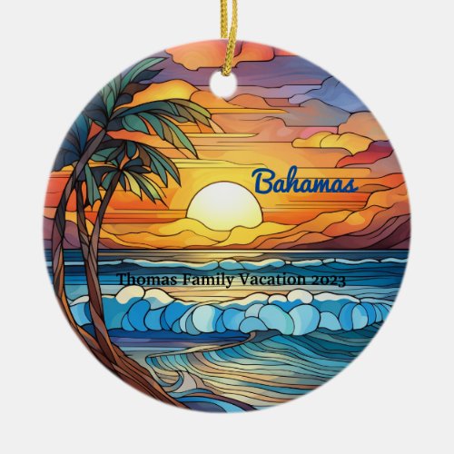Custom Family Bahamas Vacation Faux Stained Glass Ceramic Ornament