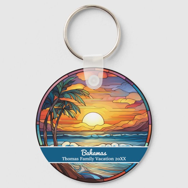 Custom Family Bahamas Vacation Faux Stained Glass Keychain (Front)