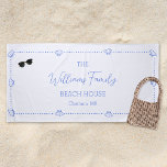 Custom Family Beach House Coastal Blue Shell Chic Beach Towel<br><div class="desc">Bring a touch of seaside charm to your summer with this personalized beach house towel. Designed in a classic nautical blue and white palette, this towel features a charming dotted shell border and customizable text for your family name and coastal location—perfect for any beloved beach town. Ideal for vacation homes,...</div>