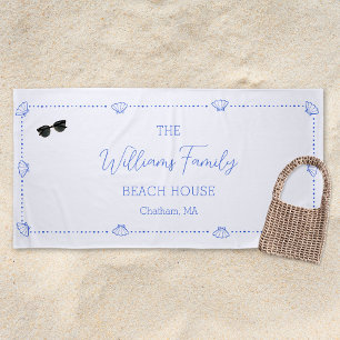 Custom Family Beach House Coastal Blue Shell Chic Beach Towel