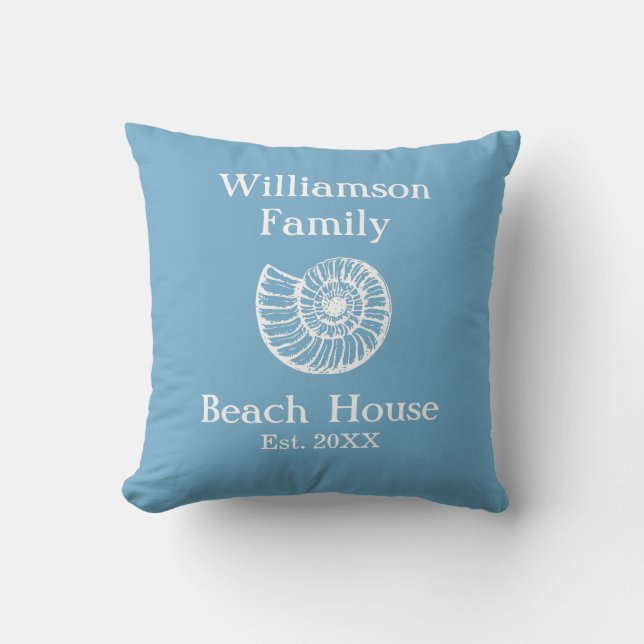 Custom Family Beach House Shell Blue Throw Pillow (Front)