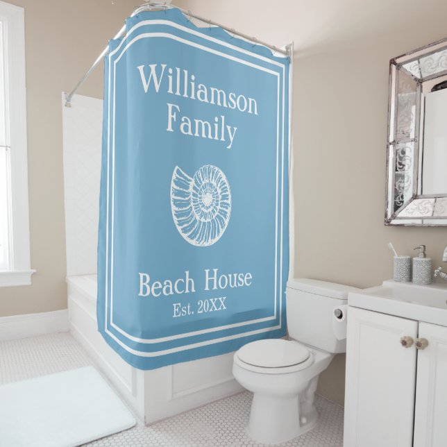 Custom Family Beach House Shell Shower Curtain (In Situ)
