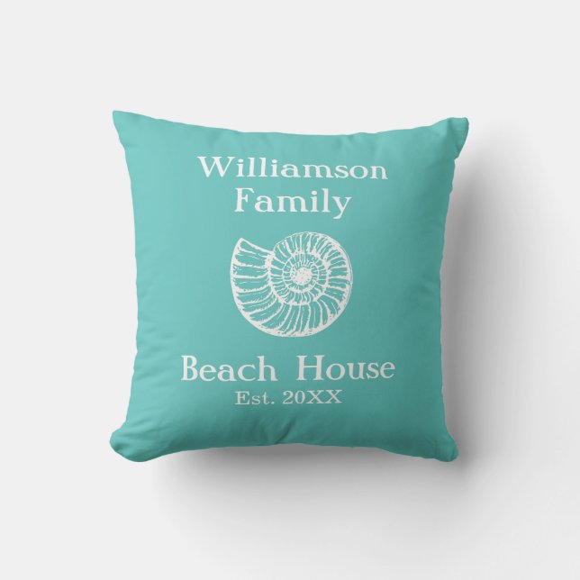 Custom Family Beach House Shell Turquoise Throw Pillow (Front)