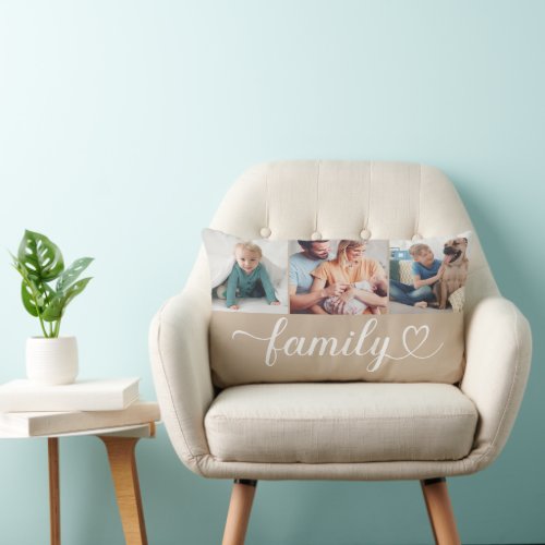 Custom Family Beige Heart Script 3 Photo Collage Lumbar Pillow