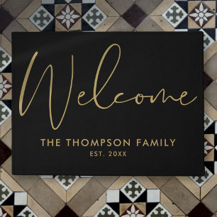 Custom Family Black And Gold Welcome Doormat