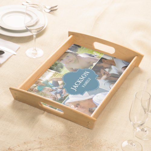 Custom Family blue Crest family photo collage Serving Tray