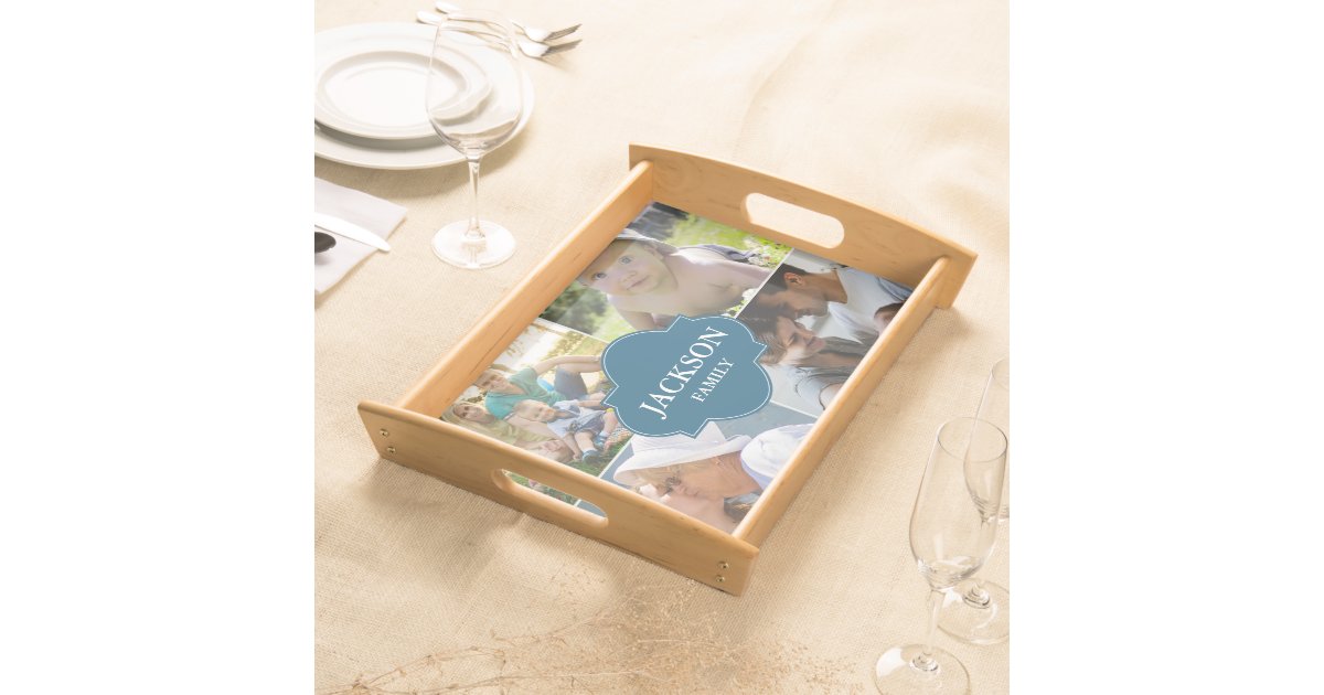 Custom Family blue Crest family photo collage Serving Tray | Zazzle