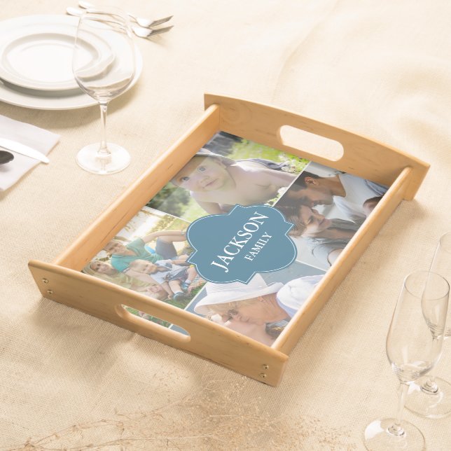 Custom Family blue Crest family photo collage Serving Tray (Front)